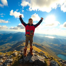 A boy standing triumphantly on top of a sprawling mountain, overlooking a breathtaking view of valleys and distant peaks