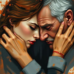 An abstract depiction of an emotionally charged, passionate couple: a young woman and an older married man, embracing with an intensity that reflects their doomed relationship