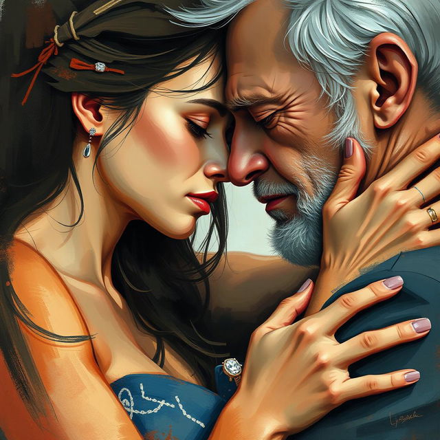 An abstract depiction of an emotionally charged, passionate couple: a young woman and an older married man, embracing with an intensity that reflects their doomed relationship