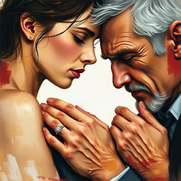 An abstract depiction of an emotionally charged, passionate couple: a young woman and an older married man, embracing with an intensity that reflects their doomed relationship