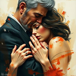 An abstract depiction of an emotionally charged, passionate couple: a young woman and an older married man, embracing with an intensity that reflects their doomed relationship