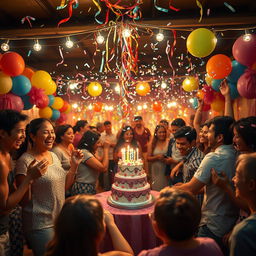A vibrant party scene filled with joyful people laughing, playing games, and dancing energetically under beautiful string lights