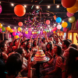 A vibrant party scene filled with joyful people laughing, playing games, and dancing energetically under beautiful string lights