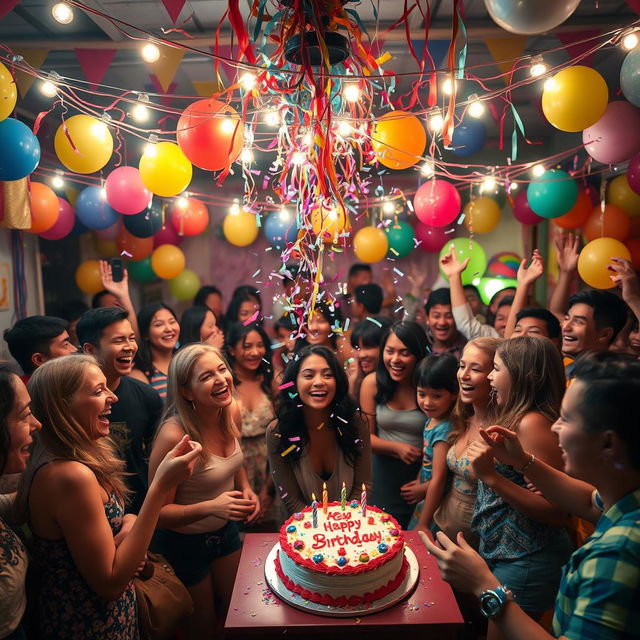 A vibrant party scene filled with joyful people laughing, playing games, and dancing energetically under beautiful string lights