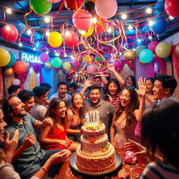 A vibrant party scene filled with joyful people laughing, playing games, and dancing energetically under beautiful string lights