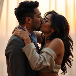 A romantic scene featuring a man passionately kissing a beautiful woman
