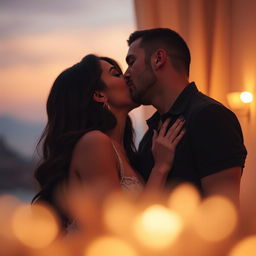 A romantic scene featuring a man passionately kissing a beautiful woman