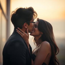 A romantic scene featuring a man passionately kissing a beautiful woman