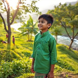 A serene landscape featuring a boy wearing a green shirt and traditional pancha, standing alone in the foreground
