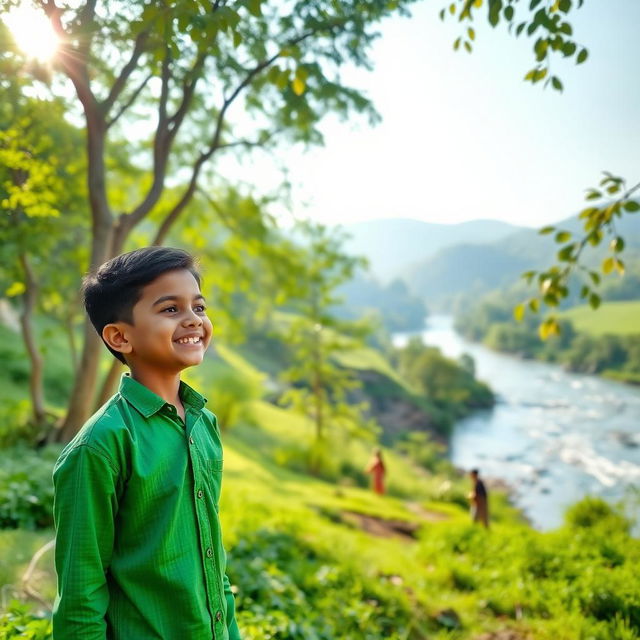 A serene landscape featuring a boy wearing a green shirt and traditional pancha, standing alone in the foreground