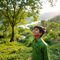 A serene landscape featuring a boy wearing a green shirt and traditional pancha, standing alone in the foreground