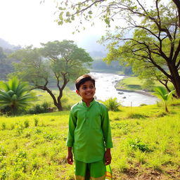 A serene landscape featuring a boy wearing a green shirt and traditional pancha, standing alone in the foreground