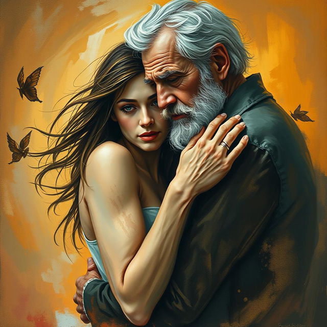 An abstract representation of a deeply emotional and passionate couple - a young woman and an older man, whose relationship is poignantly marked by love and melancholy