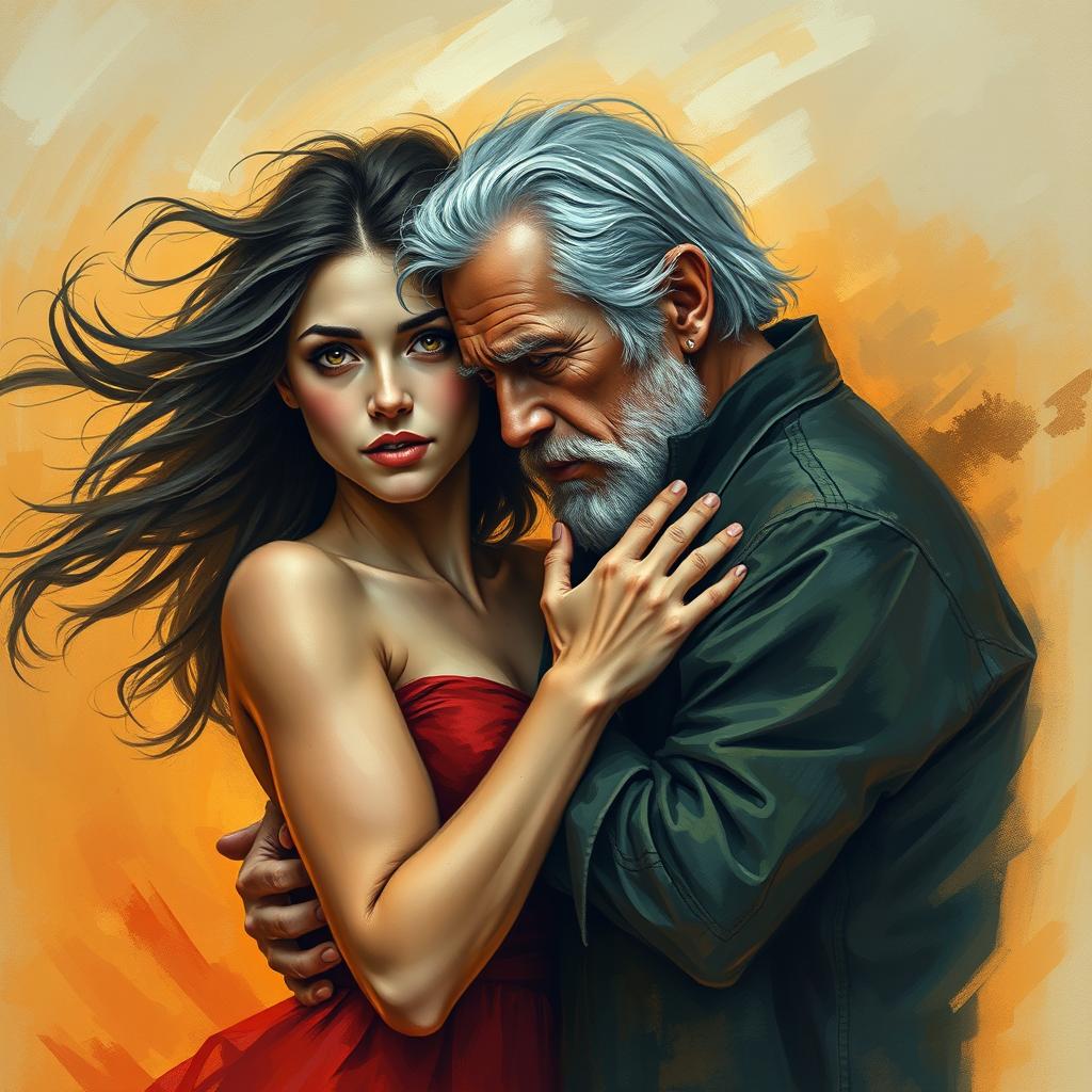 An abstract representation of a deeply emotional and passionate couple - a young woman and an older man, whose relationship is poignantly marked by love and melancholy