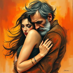 An abstract representation of a deeply emotional and passionate couple - a young woman and an older man, whose relationship is poignantly marked by love and melancholy