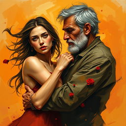 An abstract representation of a deeply emotional and passionate couple - a young woman and an older man, whose relationship is poignantly marked by love and melancholy