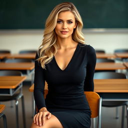 A stylish, attractive woman sitting confidently on a chair in a modern classroom