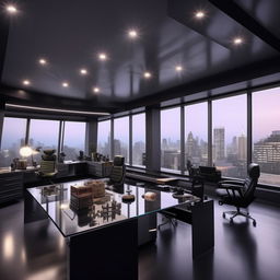 A glass penthouse office in the style of a SWAT commander's office, incorporating elements from the architecture shown in the provided link.