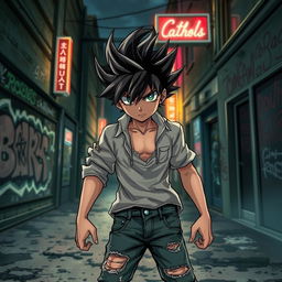 An anime-style character with spiky hair, wearing a torn shirt and distressed jeans, standing boldly in an urban setting