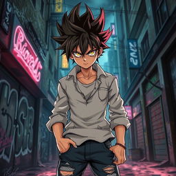 An anime-style character with spiky hair, wearing a torn shirt and distressed jeans, standing boldly in an urban setting