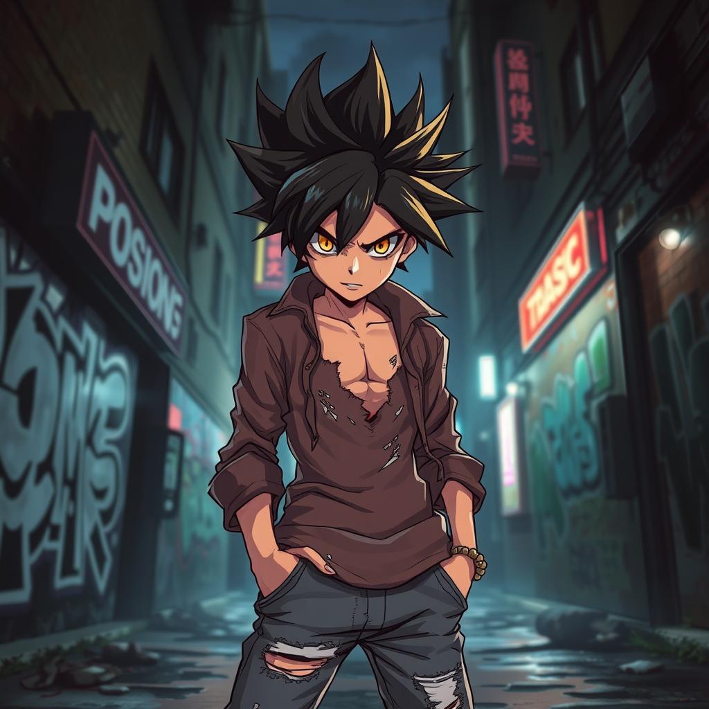 An anime-style character with spiky hair, wearing a torn shirt and distressed jeans, standing boldly in an urban setting