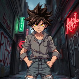 An anime-style character with spiky hair, wearing a torn shirt and distressed jeans, standing boldly in an urban setting