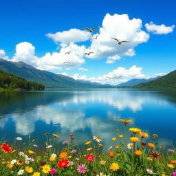 A serene landscape depicting a tranquil lake surrounded by lush greenery and mountains in the background
