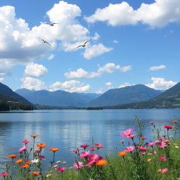 A serene landscape depicting a tranquil lake surrounded by lush greenery and mountains in the background