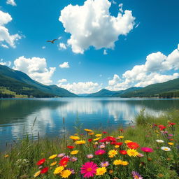 A serene landscape depicting a tranquil lake surrounded by lush greenery and mountains in the background