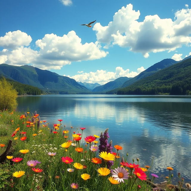 A serene landscape depicting a tranquil lake surrounded by lush greenery and mountains in the background