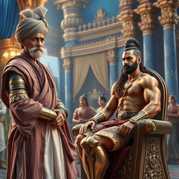 A high-resolution, focused image of an aged man wearing an ornately designed turban and a royal grey-pink robe, complemented by a white dhoti