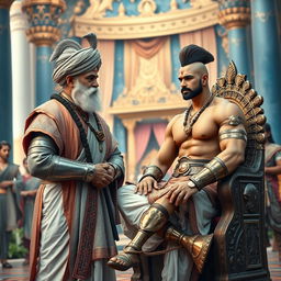 A high-resolution, focused image of an aged man wearing an ornately designed turban and a royal grey-pink robe, complemented by a white dhoti