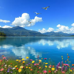 A serene landscape depicting a tranquil lake surrounded by lush greenery and mountains in the background, with elements p, q, r, and s incorporated into the scene