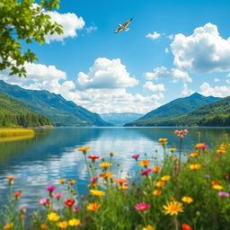 A serene landscape depicting a tranquil lake surrounded by lush greenery and mountains in the background, with elements p, q, r, and s incorporated into the scene