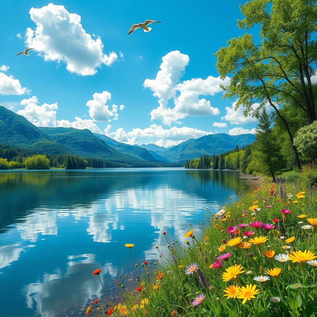 A serene landscape depicting a tranquil lake surrounded by lush greenery and mountains in the background, with elements p, q, r, and s incorporated into the scene