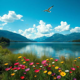 A serene landscape depicting a tranquil lake surrounded by lush greenery and mountains in the background, with elements p, q, r, and s incorporated into the scene