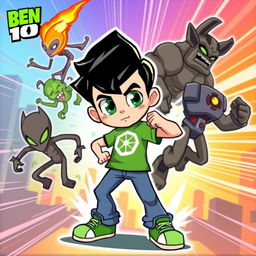 A colorful and dynamic illustration of a cartoon character inspired by Ben 10, featuring a young boy with spiky black hair and wearing a green t-shirt with a stylized Omnitrix symbol