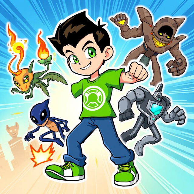 A colorful and dynamic illustration of a cartoon character inspired by Ben 10, featuring a young boy with spiky black hair and wearing a green t-shirt with a stylized Omnitrix symbol