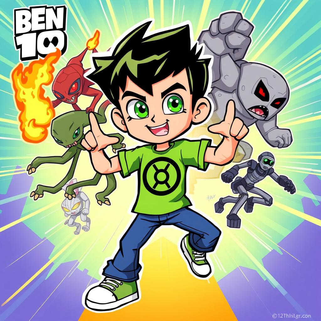 A colorful and dynamic illustration of a cartoon character inspired by Ben 10, featuring a young boy with spiky black hair and wearing a green t-shirt with a stylized Omnitrix symbol