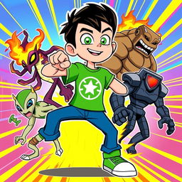 A colorful and dynamic illustration of a cartoon character inspired by Ben 10, featuring a young boy with spiky black hair and wearing a green t-shirt with a stylized Omnitrix symbol