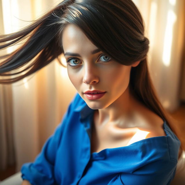 A striking woman with flowing dark hair sitting in a sunlit room, wearing a stylish blue shirt with one side slightly open to reveal a glimpse of her elegant collarbone