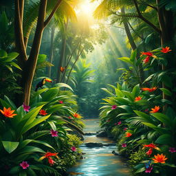 A vibrant and lush jungle scene, filled with dense greenery, tall trees with thick trunks, and an assortment of colorful plants and flowers