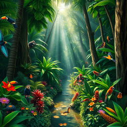 A vibrant and lush jungle scene, filled with dense greenery, tall trees with thick trunks, and an assortment of colorful plants and flowers