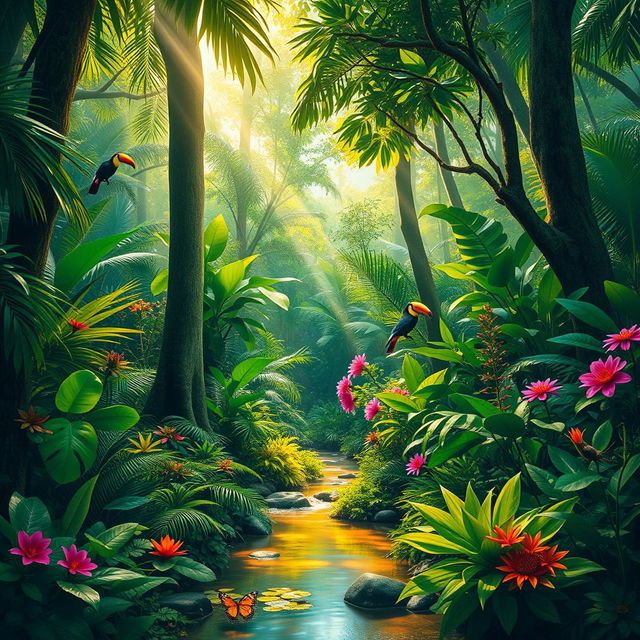 A vibrant and lush jungle scene, filled with dense greenery, tall trees with thick trunks, and an assortment of colorful plants and flowers