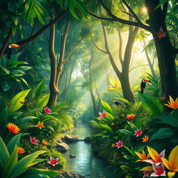 A vibrant and lush jungle scene, filled with dense greenery, tall trees with thick trunks, and an assortment of colorful plants and flowers