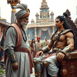 A high-resolution, focused image of an aged man wearing an ornately designed turban and a royal grey-pink robe, complemented by a white dhoti