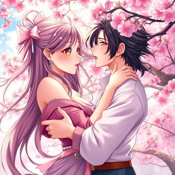 A visually stunning and captivating anime-style illustration featuring two attractive adult characters in a romantic embrace
