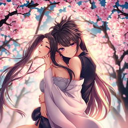 A visually stunning and captivating anime-style illustration featuring two attractive adult characters in a romantic embrace