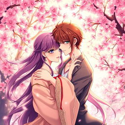 A visually stunning and captivating anime-style illustration featuring two attractive adult characters in a romantic embrace