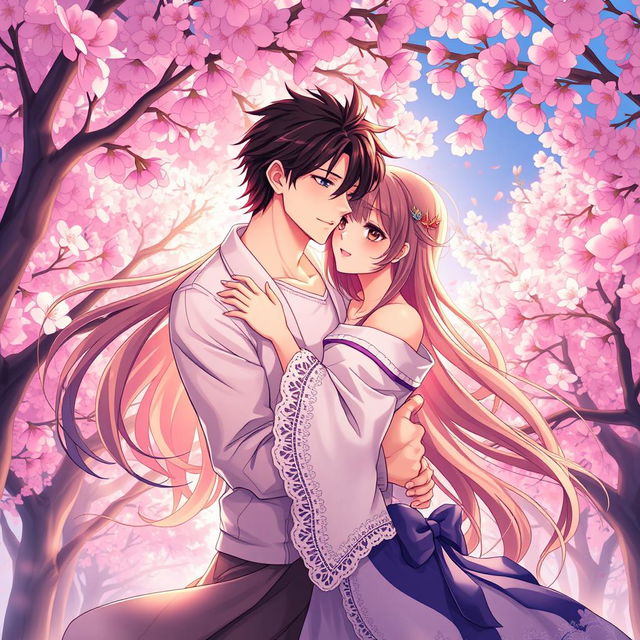 A visually stunning and captivating anime-style illustration featuring two attractive adult characters in a romantic embrace